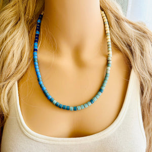 18K Gold Block Layering Blue Ombré Beaded 1 Strand Necklace, Colorful Jewelry, Chunky statement necklace, jelly bean necklace confetti