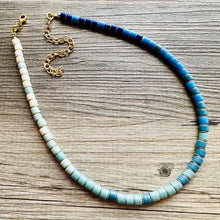 Load image into Gallery viewer, 18K Gold Block Layering Blue Ombré Beaded 1 Strand Necklace, Colorful Jewelry, Chunky statement necklace, jelly bean necklace confetti