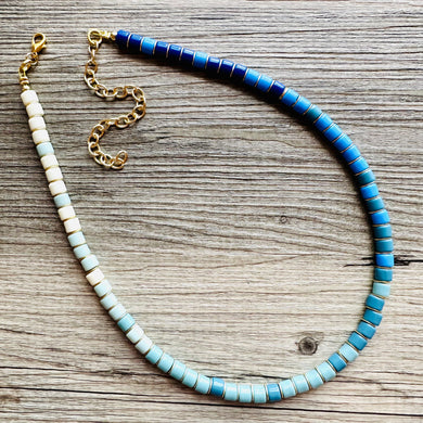 18K Gold Block Layering Blue Ombré Beaded 1 Strand Necklace, Colorful Jewelry, Chunky statement necklace, jelly bean necklace confetti