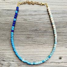 Load image into Gallery viewer, 18K Gold Block Layering Blue Ombré Beaded 1 Strand Necklace, Colorful Jewelry, Chunky statement necklace, jelly bean necklace confetti