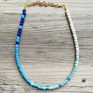 18K Gold Block Layering Blue Ombré Beaded 1 Strand Necklace, Colorful Jewelry, Chunky statement necklace, jelly bean necklace confetti