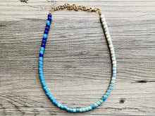 Load image into Gallery viewer, 18K Gold Block Layering Blue Ombré Beaded 1 Strand Necklace, Colorful Jewelry, Chunky statement necklace, jelly bean necklace confetti