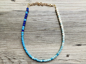 18K Gold Block Layering Blue Ombré Beaded 1 Strand Necklace, Colorful Jewelry, Chunky statement necklace, jelly bean necklace confetti