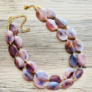 Earthy Neutral Statement Necklace, Brown Blue Purple, Chunky Two Strand Jewelry, gold dinosaur egg crackle beaded jewelry OOAK