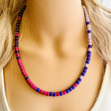 Load image into Gallery viewer, 18K Gold Block Layering Pink &amp; Purple Beaded 1 Strand Necklace, Colorful Jewelry, Chunky statement necklace, jelly bean necklace confetti