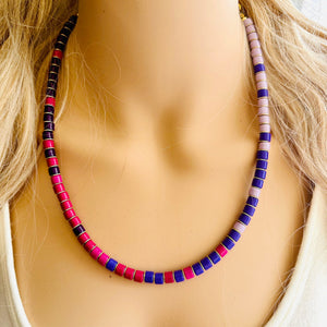 18K Gold Block Layering Pink & Purple Beaded 1 Strand Necklace, Colorful Jewelry, Chunky statement necklace, jelly bean necklace confetti