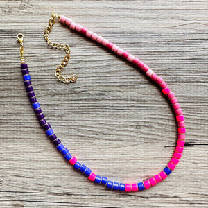 18K Gold Block Layering Pink & Purple Beaded 1 Strand Necklace, Colorful Jewelry, Chunky statement necklace, jelly bean necklace confetti