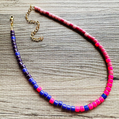 18K Gold Block Layering Pink & Purple Beaded 1 Strand Necklace, Colorful Jewelry, Chunky statement necklace, jelly bean necklace confetti