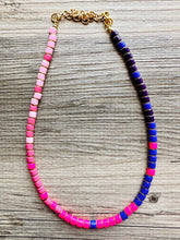 Load image into Gallery viewer, 18K Gold Block Layering Pink &amp; Purple Beaded 1 Strand Necklace, Colorful Jewelry, Chunky statement necklace, jelly bean necklace confetti