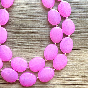 Hot Pink Rock Candy statement necklace and earring set, color block jewelry, pink chunky bib silver necklace, beaded jewelry crackle magenta