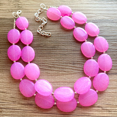 Hot Pink Rock Candy statement necklace and earring set, color block jewelry, pink chunky bib silver necklace, beaded jewelry crackle magenta