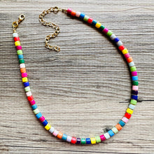 Load image into Gallery viewer, 18K Gold Block Layering Rainbow Beaded 1 Strand Necklace, Colorful Jewelry, Chunky statement necklace, jelly bean necklace confetti pride