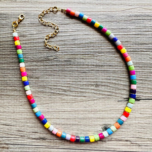 18K Gold Block Layering Rainbow Beaded 1 Strand Necklace, Colorful Jewelry, Chunky statement necklace, jelly bean necklace confetti pride