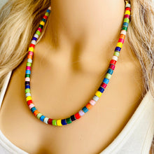 Load image into Gallery viewer, 18K Gold Block Layering Rainbow Beaded 1 Strand Necklace, Colorful Jewelry, Chunky statement necklace, jelly bean necklace confetti pride