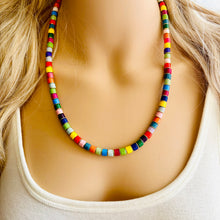 Load image into Gallery viewer, 18K Gold Block Layering Rainbow Beaded 1 Strand Necklace, Colorful Jewelry, Chunky statement necklace, jelly bean necklace confetti pride