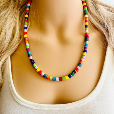 18K Gold Block Layering Rainbow Beaded 1 Strand Necklace, Colorful Jewelry, Chunky statement necklace, jelly bean necklace confetti pride