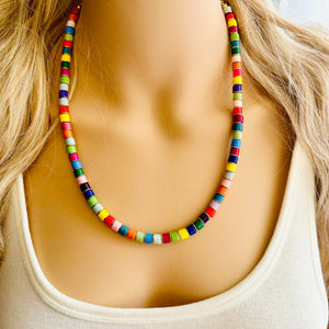 18K Gold Block Layering Rainbow Beaded 1 Strand Necklace, Colorful Jewelry, Chunky statement necklace, jelly bean necklace confetti pride