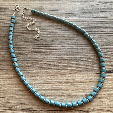 Cadet Blue Block Layering Gunmetal Silver Ombré Beaded 1 Strand Necklace, Colorful Jewelry, neutral statement jelly bean necklace confetti