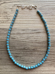 Cadet Blue Block Layering Gunmetal Silver Ombré Beaded 1 Strand Necklace, Colorful Jewelry, neutral statement jelly bean necklace confetti