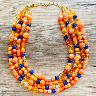 Mercury in Retrograde Orange Chunky Statement Necklace, Royal Blue rhinestone Big bib beaded jewelry, 4 Strand Statement Necklace