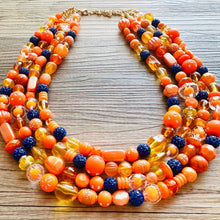 Load image into Gallery viewer, Mercury in Retrograde Orange Chunky Statement Necklace, Royal Blue rhinestone Big bib beaded jewelry, 4 Strand Statement Necklace