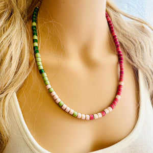 18K Gold Block Layering Pink & Green Beaded 1 Strand Necklace, Colorful Jewelry, Chunky statement necklace, jelly bean necklace confetti