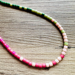 18K Gold Block Layering Pink & Green Beaded 1 Strand Necklace, Colorful Jewelry, Chunky statement necklace, jelly bean necklace confetti