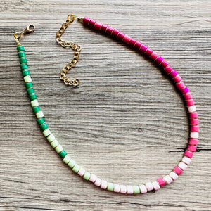 18K Gold Block Layering Pink & Green Beaded 1 Strand Necklace, Colorful Jewelry, Chunky statement necklace, jelly bean necklace confetti