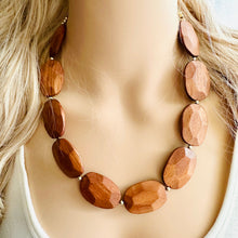 Load image into Gallery viewer, Single Strand Wood Beaded Necklace, brown Jewelry Chunky statement necklace, big beaded necklace jewelry, natural smooth wood