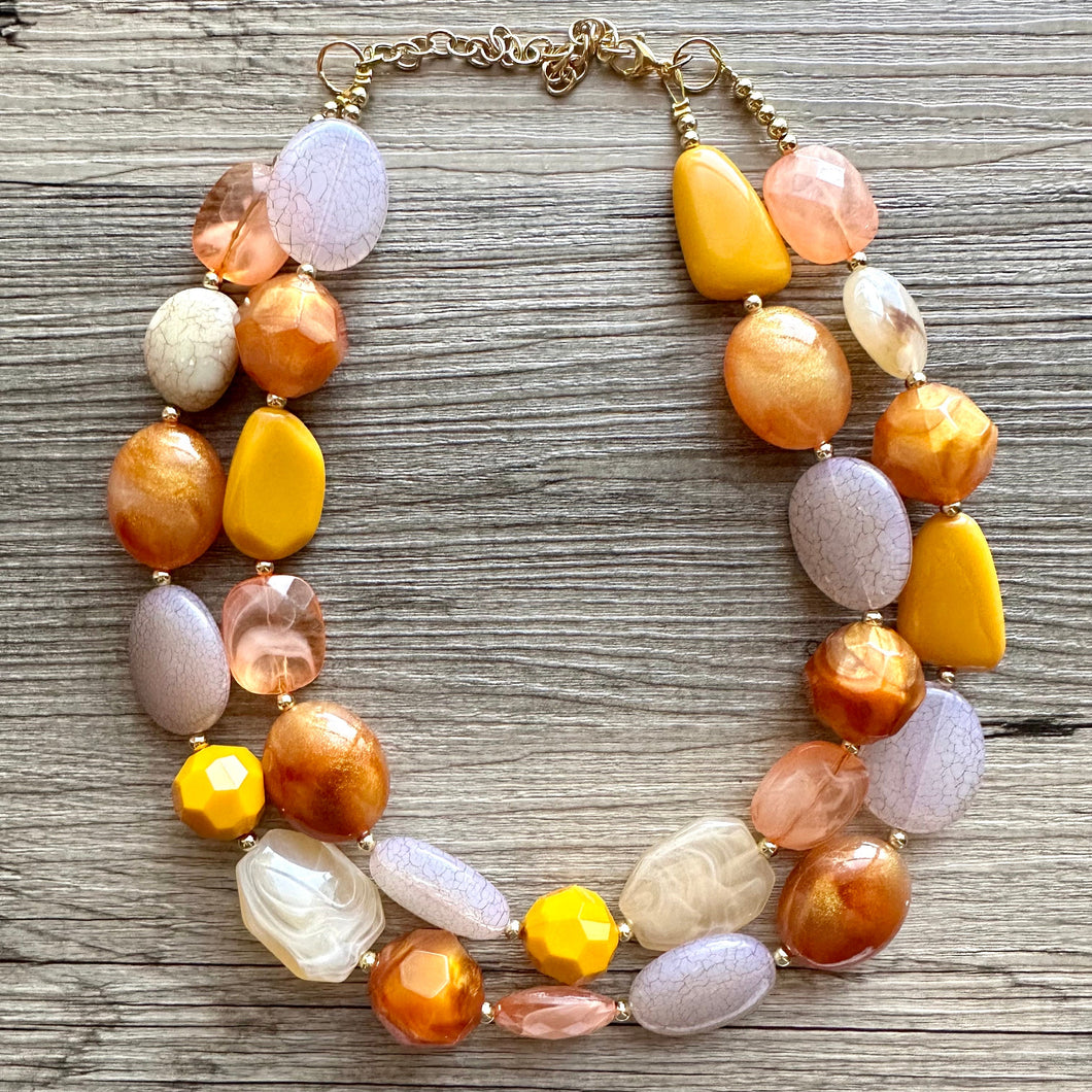 Crisp Fall Day Statement Necklace, Red Yellow Orange, 2 Strand Statement Necklace, fall colors, chunky autumn necklace, beaded mustard