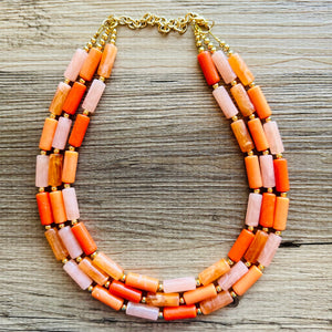 Bright Chunky Orange Statement Necklace, Big beaded jewelry, Double Strand Statement, Bib necklace peach bridesmaid wedding clementine