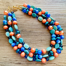 Load image into Gallery viewer, Fairy Dust Statement Necklace, multi Strand Beaded Jewelry, Blue Orange jewelry, gold and blue necklace, turquoise coral aqua big beaded