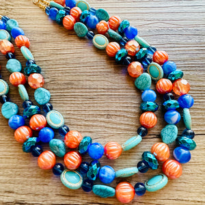 Fairy Dust Statement Necklace, multi Strand Beaded Jewelry, Blue Orange jewelry, gold and blue necklace, turquoise coral aqua big beaded