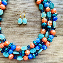 Load image into Gallery viewer, Fairy Dust Statement Necklace, multi Strand Beaded Jewelry, Blue Orange jewelry, gold and blue necklace, turquoise coral aqua big beaded
