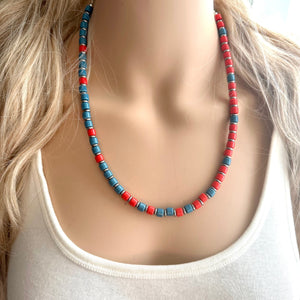 Cadet Blue + Red Block Layering Gunmetal Silver Ombré Beaded 1 Strand Necklace, Colorful Jewelry, statement jelly bean necklace confetti