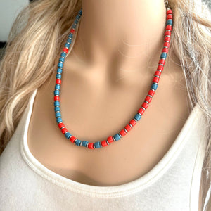 Cadet Blue + Red Block Layering Gunmetal Silver Ombré Beaded 1 Strand Necklace, Colorful Jewelry, statement jelly bean necklace confetti