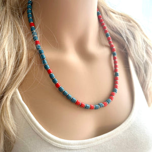 Cadet Blue + Red Block Layering Gunmetal Silver Ombré Beaded 1 Strand Necklace, Colorful Jewelry, statement jelly bean necklace confetti