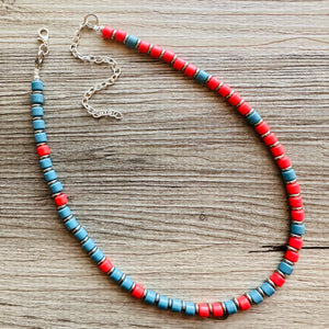 Cadet Blue + Red Block Layering Gunmetal Silver Ombré Beaded 1 Strand Necklace, Colorful Jewelry, statement jelly bean necklace confetti