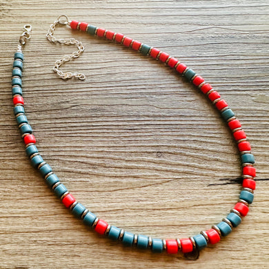 Cadet Blue + Red Block Layering Gunmetal Silver Ombré Beaded 1 Strand Necklace, Colorful Jewelry, statement jelly bean necklace confetti