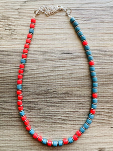 Cadet Blue + Red Block Layering Gunmetal Silver Ombré Beaded 1 Strand Necklace, Colorful Jewelry, statement jelly bean necklace confetti