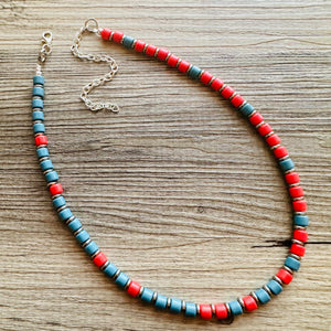 Cadet Blue + Red Block Layering Gunmetal Silver Ombré Beaded 1 Strand Necklace, Colorful Jewelry, statement jelly bean necklace confetti