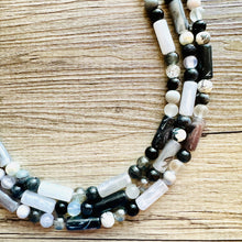 Load image into Gallery viewer, Black &amp; White Necklace OOAK multi strand jewelry, bib beaded chunky statement necklace, black necklace, bridesmaid necklace gray resin clear