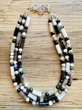 Load image into Gallery viewer, Black &amp; White Necklace OOAK multi strand jewelry, bib beaded chunky statement necklace, black necklace, bridesmaid necklace gray resin clear