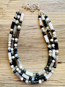 Black & White Necklace OOAK multi strand jewelry, bib beaded chunky statement necklace, black necklace, bridesmaid necklace gray resin clear