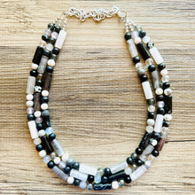 Load image into Gallery viewer, Black &amp; White Necklace OOAK multi strand jewelry, bib beaded chunky statement necklace, black necklace, bridesmaid necklace gray resin clear