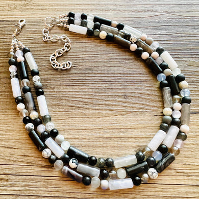 Black & White Necklace OOAK multi strand jewelry, bib beaded chunky statement necklace, black necklace, bridesmaid necklace gray resin clear