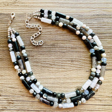Load image into Gallery viewer, Black &amp; White Necklace OOAK multi strand jewelry, bib beaded chunky statement necklace, black necklace, bridesmaid necklace gray resin clear