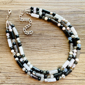 Black & White Necklace OOAK multi strand jewelry, bib beaded chunky statement necklace, black necklace, bridesmaid necklace gray resin clear