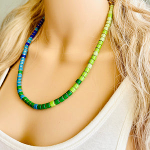 18K Gold Block Layering Blue & Green Beaded 1 Strand Necklace, Colorful Jewelry, Chunky statement necklace, jelly bean necklace confetti