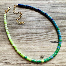 Load image into Gallery viewer, 18K Gold Block Layering Blue &amp; Green Beaded 1 Strand Necklace, Colorful Jewelry, Chunky statement necklace, jelly bean necklace confetti